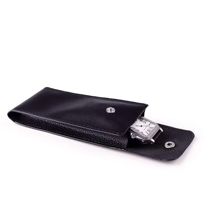 Premium Black Leather Watch Pouch with Snap Button Closure